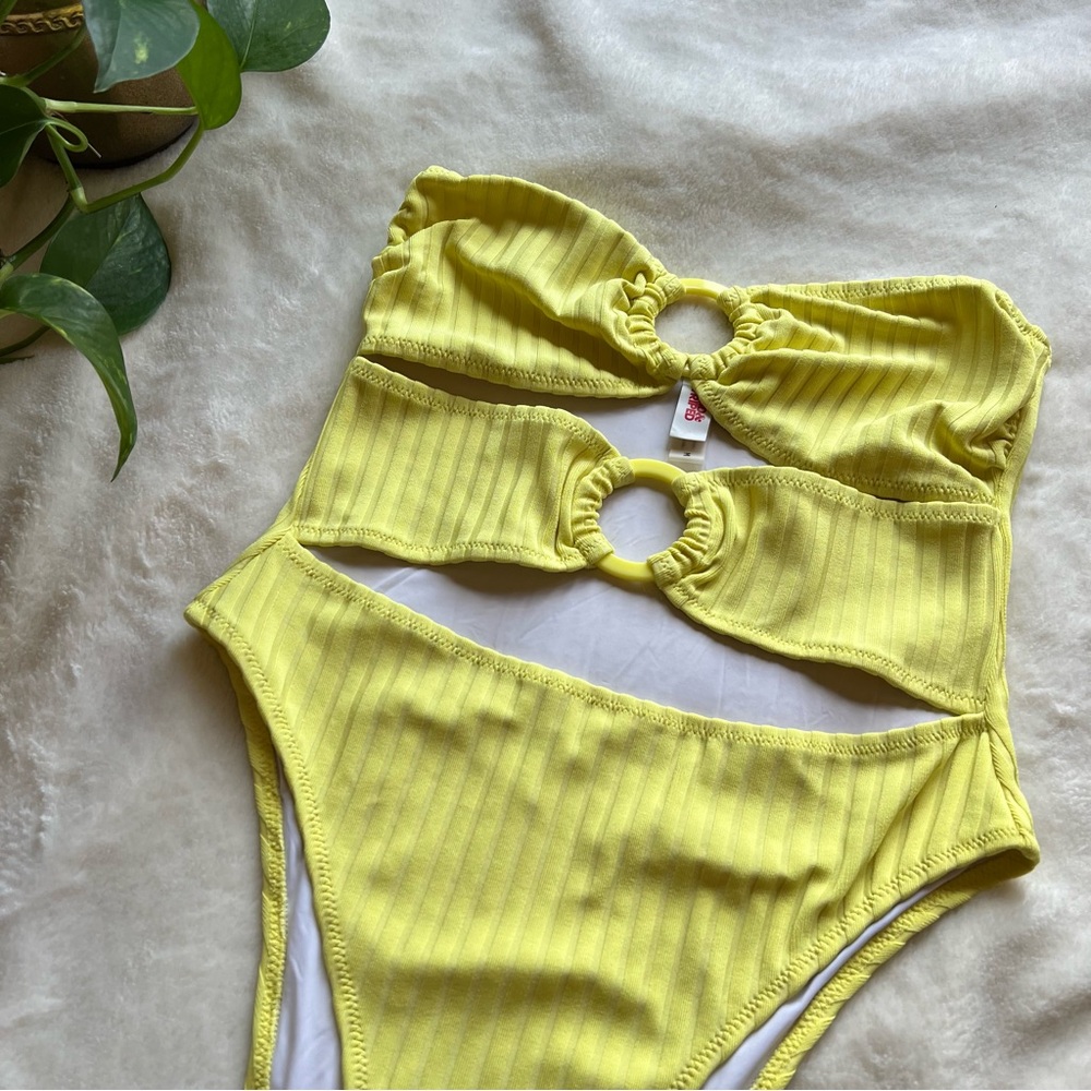 Solid & Striped Yellow Ribbed Strapless One Piece… - image 3